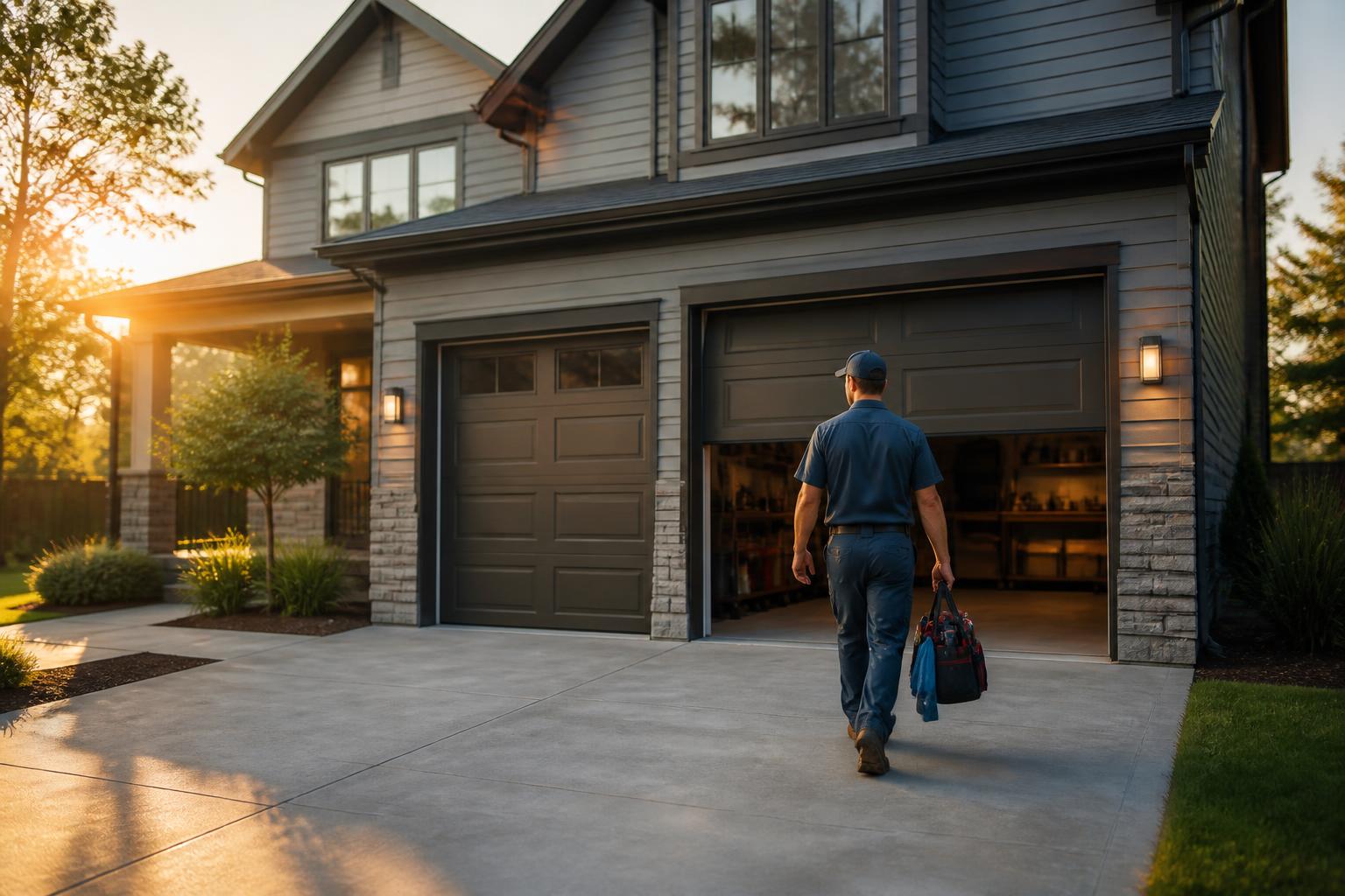 Garage door technician arriving at a suburban home at sunset